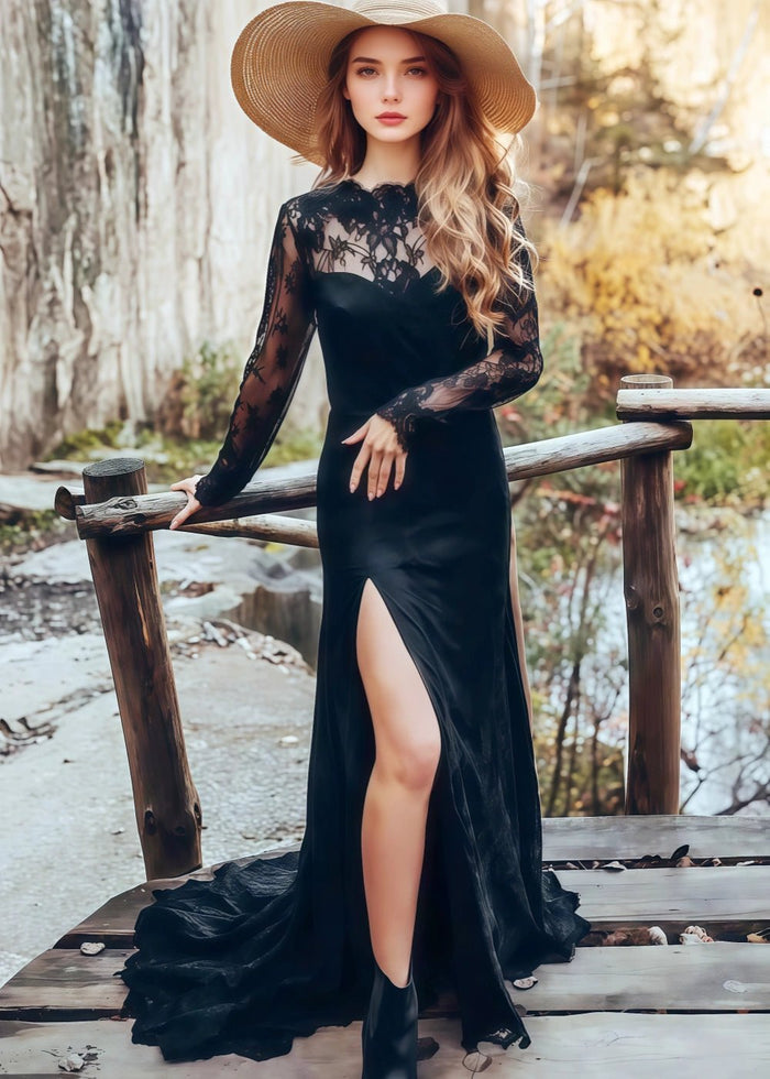Maggie | Modest Black Tie Long Sleeve High Neck Backless Wedding Dress with Slit - Black - PromDressClub