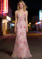 Maren Floral Pink Sparkly Dress Prom | Mermaid Spaghetti Strap V-Neck Beaded Formal Dress with Sequins