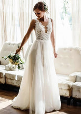 Maureen | Stunning Lace and Chiffon Bridal Gown - Perfect for Your Dream Wedding - Ivory - PromDressClub