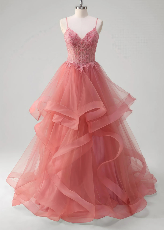 Mavis | A - Line Spaghetti Straps Tulle Tiered Long Corset Coral Prom Dress with Appliques - Coral - PromDressClub