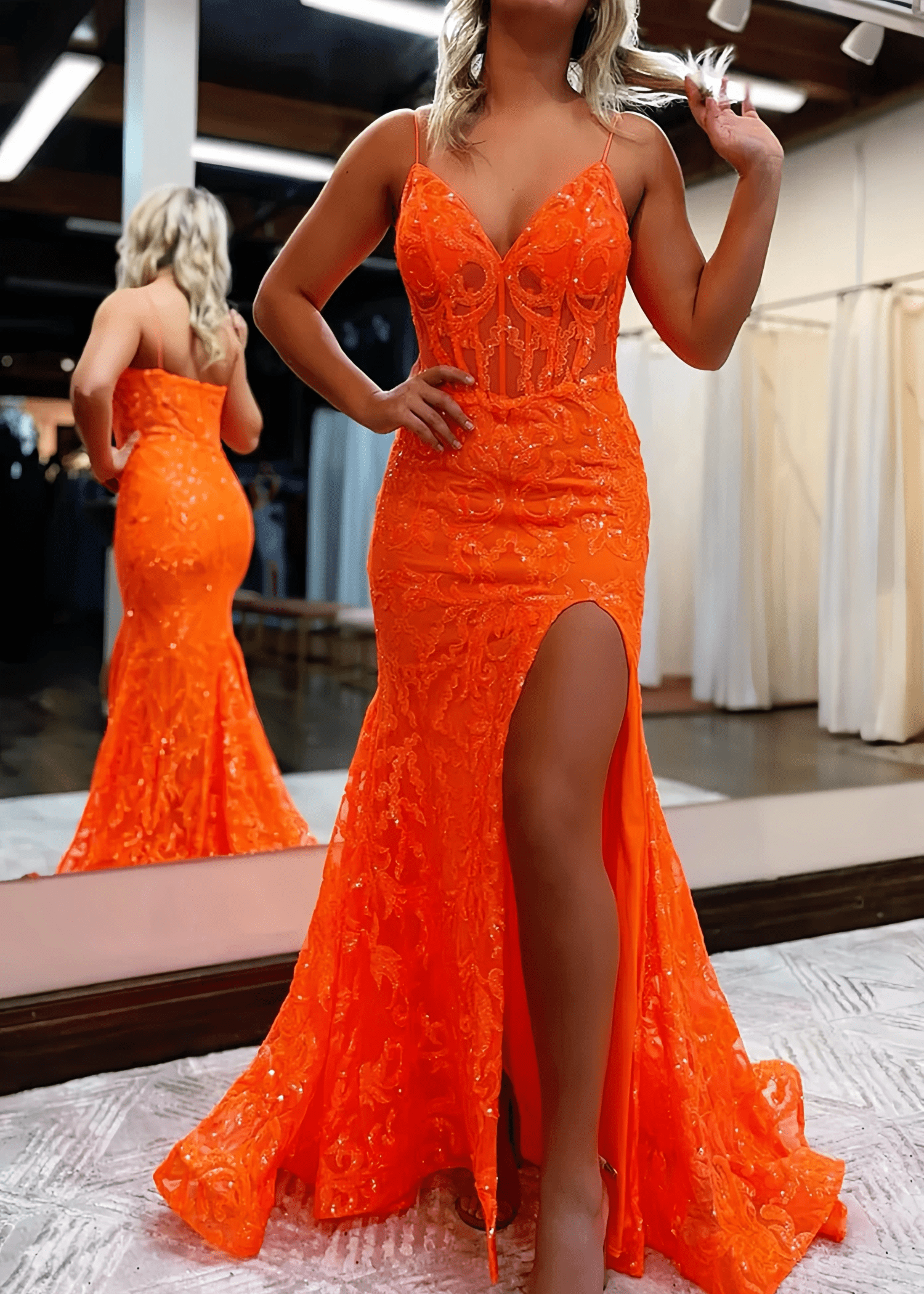 Ella | Orange Mermaid V Neck Prom Dress Formal Dress with Sequins - Orange - PromDressClub