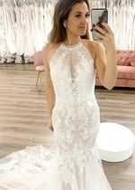 Meroy | Stunning Halter Neck Mermaid Lace Appliques Wedding Dress with Train - Ivory - PromDressClub