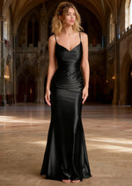 Mila Black Satin Backless Prom Dress | Mermaid Spaghetti Straps V - Neck Ruched Dress - US0 - PromDressClub