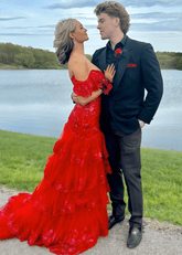Mildred | A Line Tiered Sequin Red Long Prom Dress Stores Near Me - Price #price_variant_lowest# - Red - PromDressClub