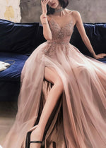 Mirabelle | A - line Spaghetti Straps Tulle Long Corset Glitter Rhinestons Rose Gold Long Prom Dress With Beaded - Gold - PromDressClub