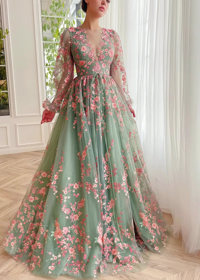 Naomi | Stunning Sage Green Long Sleeve Flower Corset Prom Dress - Sage Floral - PromDressClub