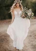 Natalie | Boho Chic Spaghetti Strap V Neck Lace and Chiffon Wedding Dress with Long Train - Ivory - PromDressClub