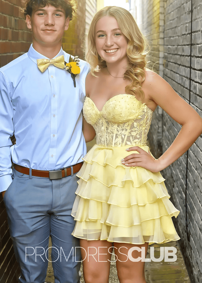 Natividad |Short Yellow Homecoming Dresses Near Me With A Line Sweetheart Tiered Ruffles - Price #price_variant_lowest# - Yellow - PromDressClub