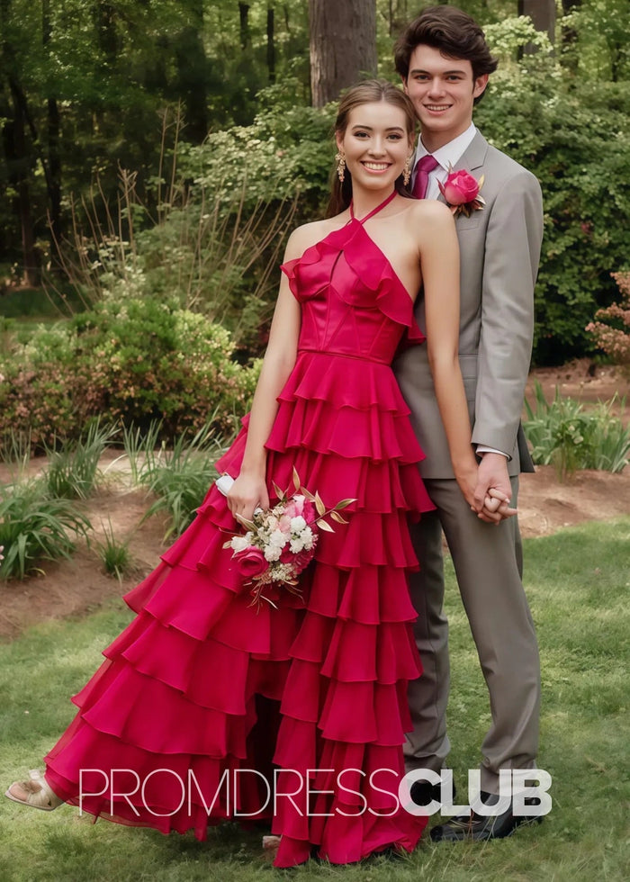 Nicole |Long Red Prom Dresses Near Me With Halter Tulle Tiered A Line - Price #price_variant_lowest# - Red - PromDressClub