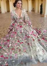 Nora | Elegant White Long Sleeve V Neck Flower Prom Dress - White Floral - PromDressClub