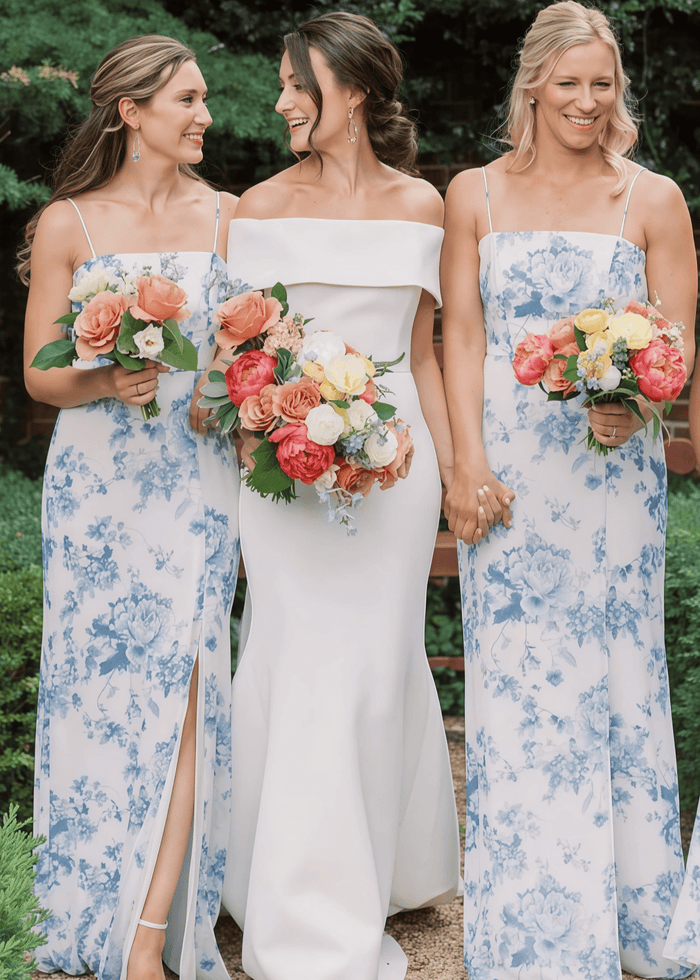 Olive | Sheath Print White Blue Floral Satin Long Bridesmaid Dress - Price #price_variant_lowest# - Blue Floral - PromDressClub