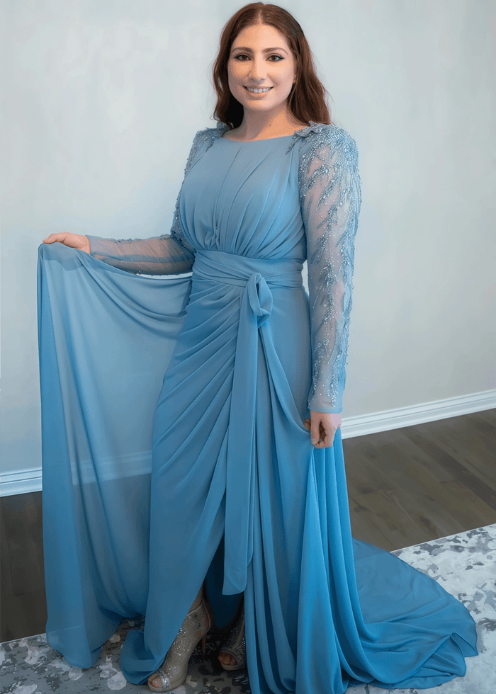 Ophelia | A Line Dusty Blue Chiffon Maxi Bridesmaid Dress - Price #price_variant_lowest# - Dusty Blue - PromDressClub