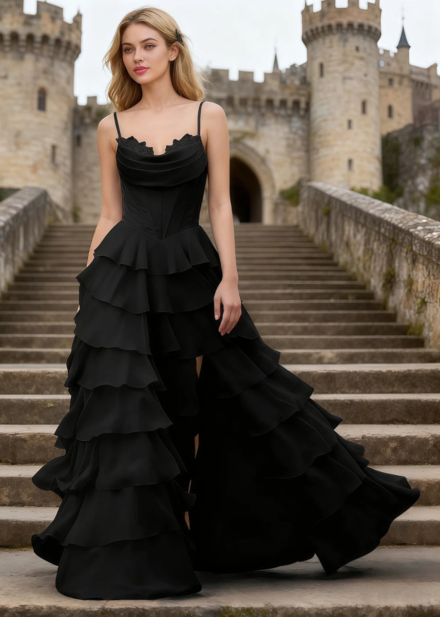 Penumbra Black Corset Ruffle Prom Dress | A - Line Cowl Neck Lace Tiered Pleated Dress with Slit - US0 - PromDressClub