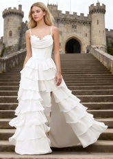 Penumbra White Corset Ruffle Prom Dress | A - Line Cowl Neck Lace Tiered Pleated Dress with Slit - US0 - PromDressClub