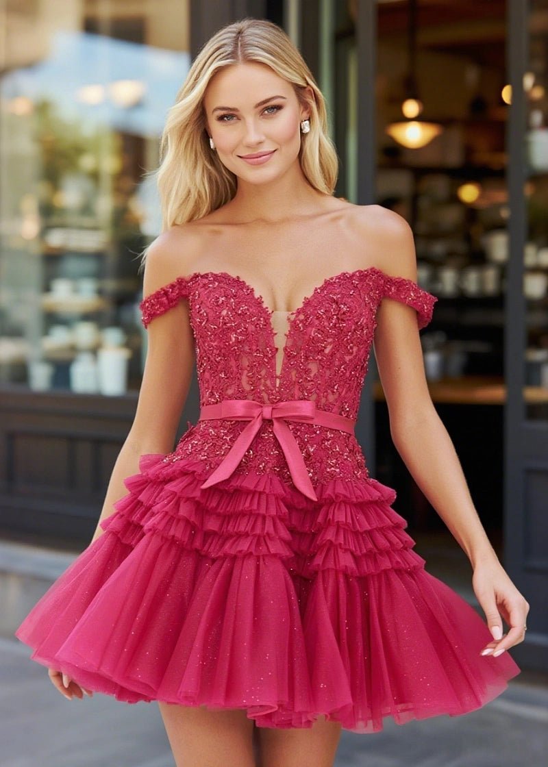 Perfectly Luxurious Off The Shoulder Red Backless Dress with Ruffles for Prom - Burgundy Homecoming Elegance - Burgundy - PromDressClub