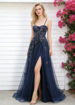 Pippa Sequin Navy Blue Corset Dress Prom | A - Line Strapless Sweetheart Neckline Tulle Formal Dress with Appliques - Navy Blue - PromDressClub