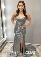 Prima |Grey Metallic Long Prom Dresses Websites With Mermaid Sweetheart Ruched Corset Slit - Price #price_variant_lowest# - Grey - PromDressClub