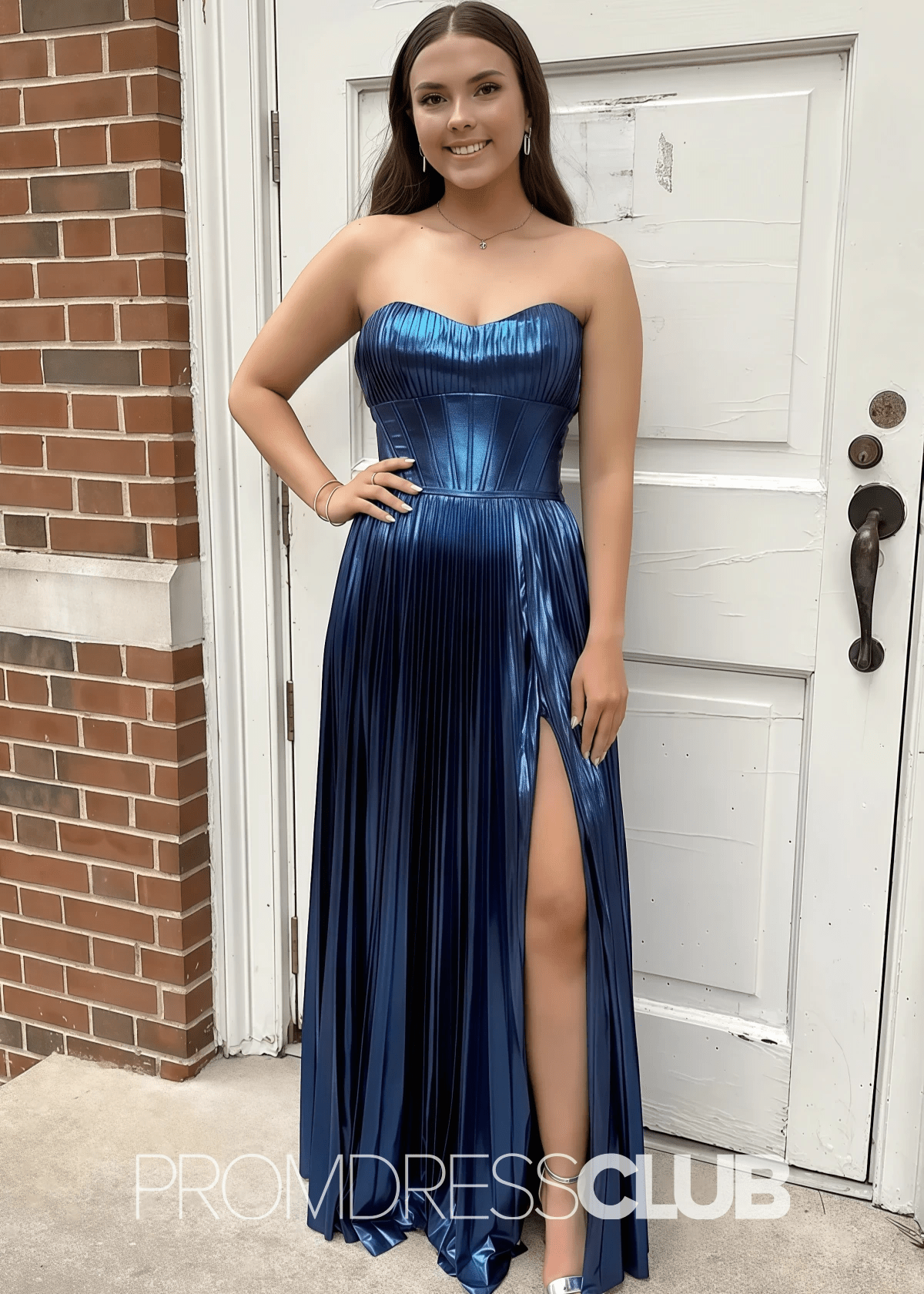 Queena |Navy Blue Metallic Long Prom Dresses Websites With Sweetheart Pleated A - Line Corset Slit - Price #price_variant_lowest# - Navy Blue - PromDressClub