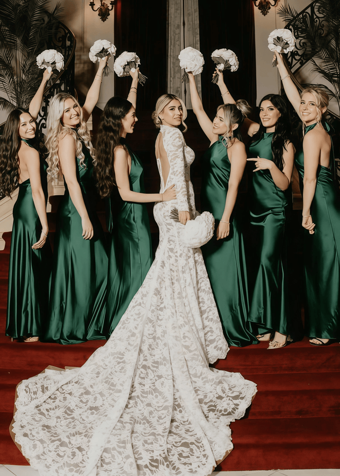 Renee | Classy Mermaid Halter Dark Green Satin Long Bridesmaid Dress - Price #price_variant_lowest# - Dark Green - PromDressClub