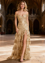 Reverie Champagne Ruffle Off the Shoulder Prom Dress | Mermaid Sweetheart Strapless Sequin Dress Split - US0 - PromDressClub