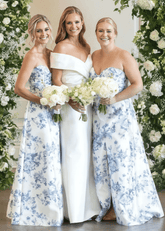 Rita | A Line Strapless White Blue Printing Floral Satin Maxi Formal Dress - Price #price_variant_lowest# - Blue Floral - PromDressClub