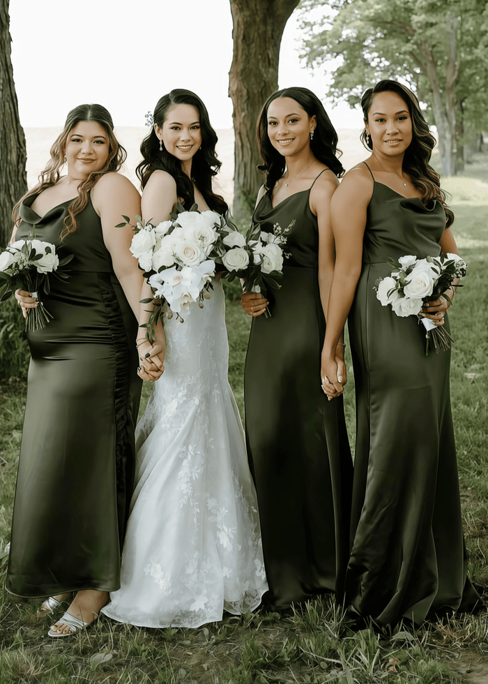 Riva | Mermaid Pleated Olive Green Satin Long Bridesmaid Dress - Price #price_variant_lowest# - Olive Green - PromDressClub