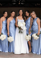 Sabina | Sheath Column Pleated Blue Satin Long Bridesmaid Dress - Price #price_variant_lowest# - Blue - PromDressClub