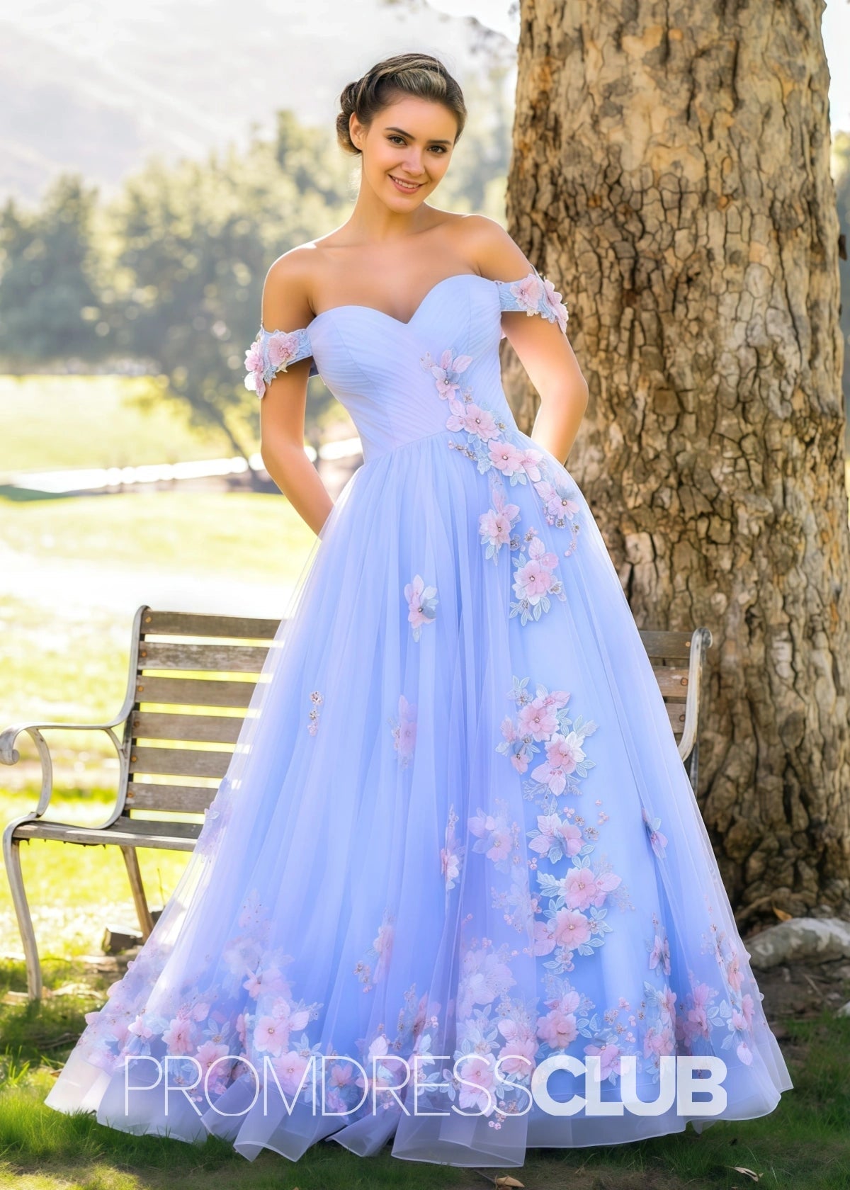Sebastiane |Lavender Floor Length Long Prom Dresses With A Line off the shoulder Applique Tulle - Price #price_variant_lowest# - Lavender Floral - PromDressClub