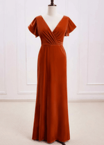 Sheila | A Line Surplice Backless Rust Orange Velvet Maxi Bridesmaid Dress - Price #price_variant_lowest# - Bronzer - PromDressClub