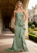 Sian Sage Green Strapless Ruffle Prom Dress | Sheath Pleated Backless Long Formal Dress with Slit - Sage Green - PromDressClub