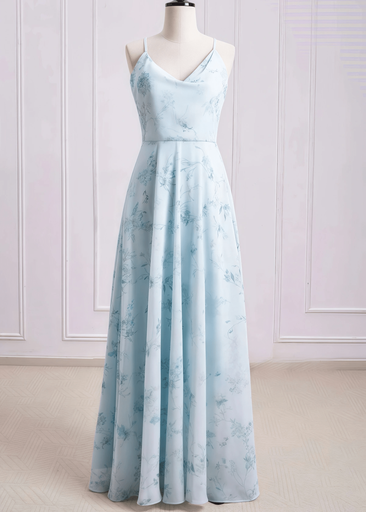 Sibyl | A Line Light Green Floral Print Chiffon Long Bridesmaid Dress - Price #price_variant_lowest# - Light Green Floral - PromDressClub