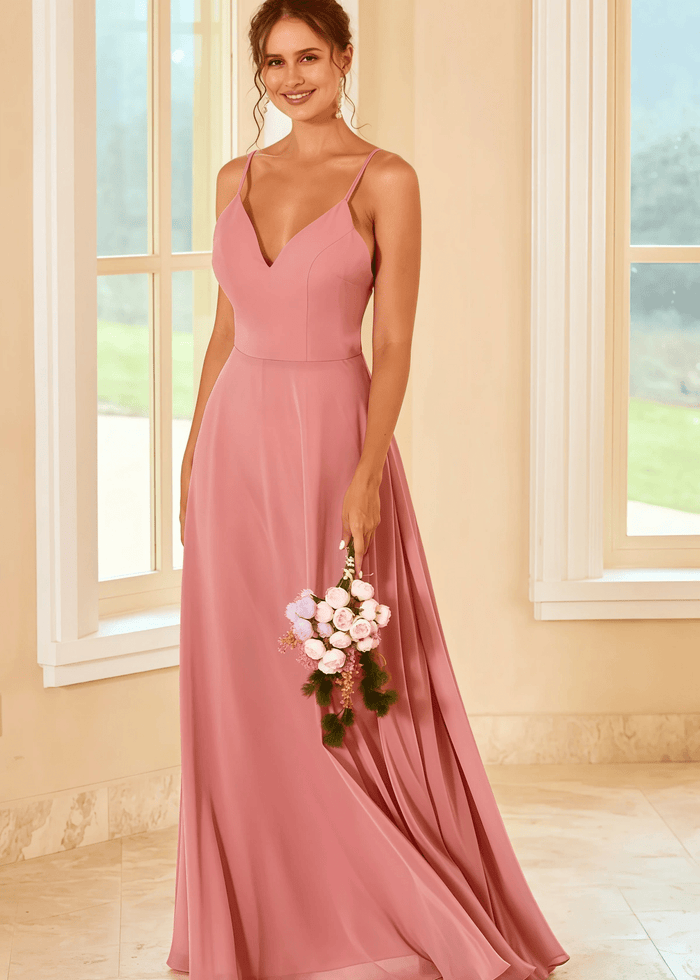 Suzanne | A Line Blush Chiffon Maxi Bridesmaid Dress - Price #price_variant_lowest# - Blush - PromDressClub