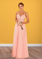 Sylvia | Lace Embroider Blush Chiffon Long Bridesmaid Dress - Price #price_variant_lowest# - Blush - PromDressClub