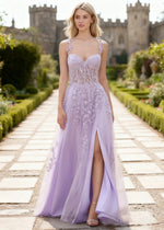 Tansy Lavender Lace Beaded Prom Dress | A - Line Sweetheart Neckline Corset Tulle Slit Gown - Lavender - PromDressClub