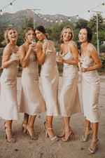 Valentina |Tea - Length Champagne Bridesmaid Dress Spaghetti Straps Cowl Neck - Champagne - PromDressClub