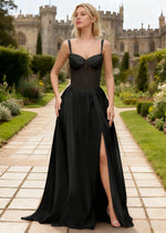 Tegan Black Satin Prom Dress Corset | A-Line Off the Shoulder Slit Formal Dress