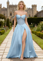 Tegan Light Blue Satin Prom Dress Corset | A-Line Off the Shoulder Slit Formal Dress