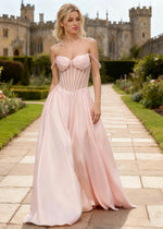 Tegan Pink Satin Prom Dress Corset | A-Line Off the Shoulder Slit Formal Dress