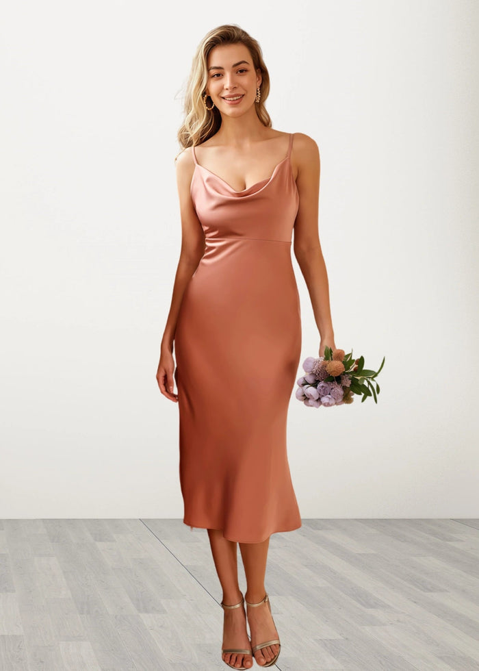 Thera | Sheath Column Slip Rose Satin Midi Bridesmaid Dress with Spaghetti Straps - Price #price_variant_lowest# - RosyBrown - PromDressClub