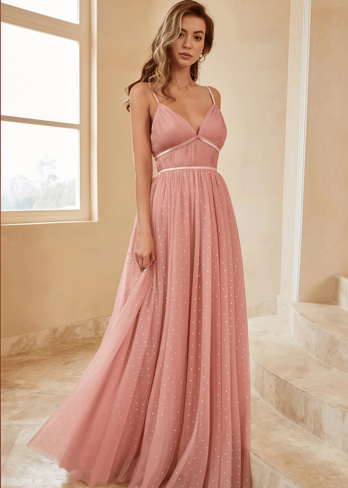 Tina | A Line Polka Dots Ruffles Pink Tulle Long Bridesmaid Dress - Price #price_variant_lowest# - Pink - PromDressClub