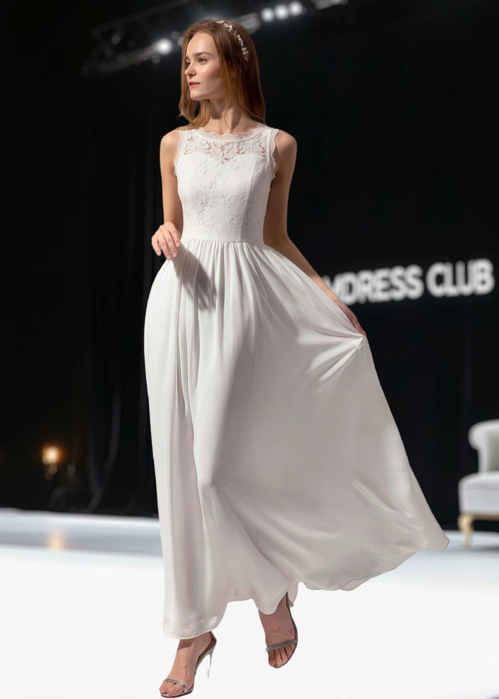 Trista | A Line Lace Embroider White Chiffon Long Wedding Guest Dress - Price #price_variant_lowest# - White - PromDressClub