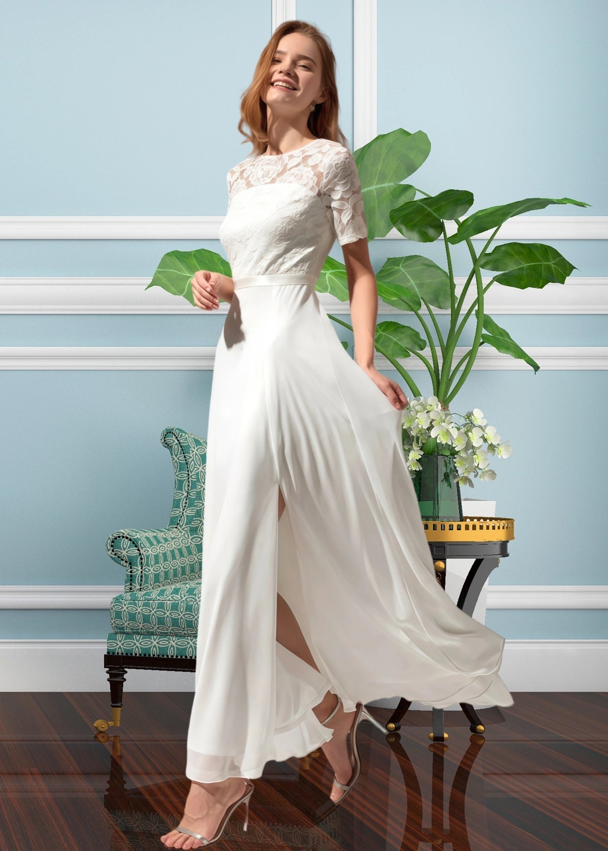 Truda | A Line Corset Lace Embroider White Chiffon Midi Formal Dress - Price #price_variant_lowest# - White - PromDressClub