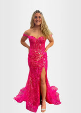 Hilary | Fuchsia Prom Dress Long Mermaid Off the Shoulder Sequins Corset with Slit - Fuchsia - PromDressClub