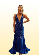 Hilda | Royal Blue Prom Dresses Long Trumpet V Neck Sweep Train Sequins - Royal Blue - PromDressClub