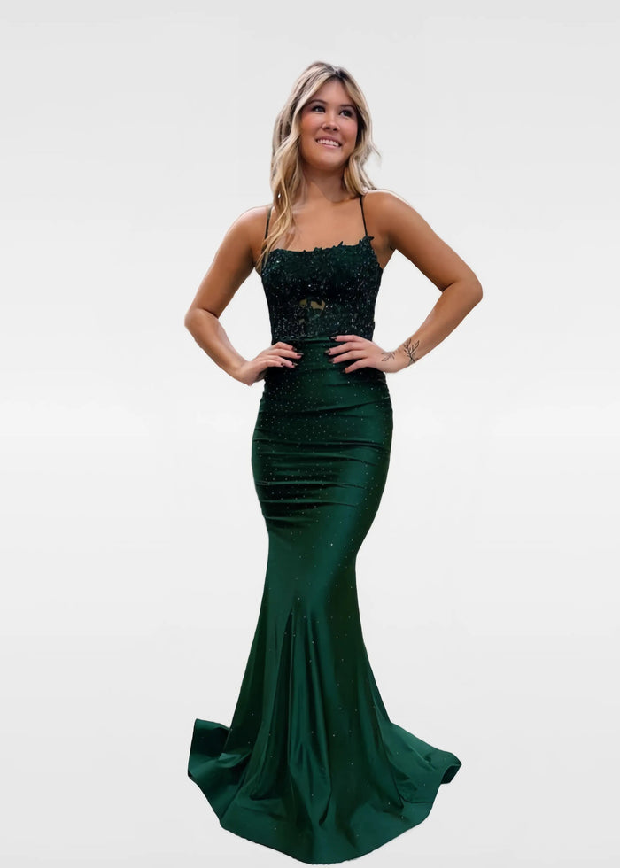 Geraldine | Chic Mermaid Beaded Satin Dark Green Prom Dress - Dark Green - PromDressClub
