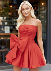 Upgraded Event Pleated Red Strapless Homecoming Dress with Bow - Red - PromDressClub