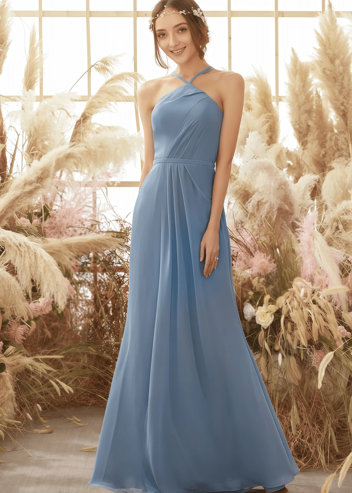 Vanessa | A Line Corset Grey Blue Chiffon Long Bridesmaid Dress - Price #price_variant_lowest# - Grey Blue - PromDressClub