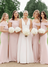 Victoria | Exquisite Sheath Light Pink Satin Maxi Bridesmaid Dress with Slit and Off the Shoulder - Price #price_variant_lowest# - Light Pink - PromDressClub