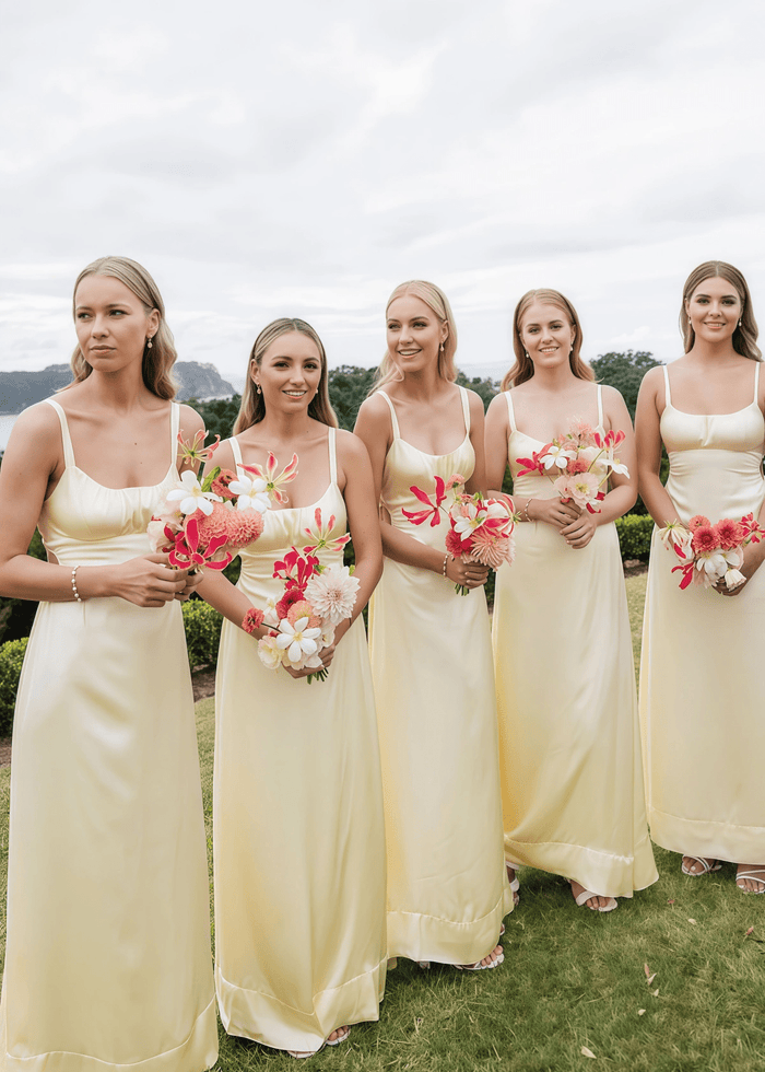 Violet | Simple Sheath Cutout Yellow Satin Maxi Bridesmaid Dress with Spaghetti Straps and Cowl Neck - Price #price_variant_lowest# - Yellow - PromDressClub