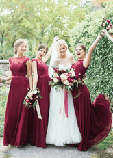 Winni | Exquisite Lace Embroidered Burgundy Tulle Maxi Bridesmaid Dress with Round Neck - Price #price_variant_lowest# - Burgundy - PromDressClub